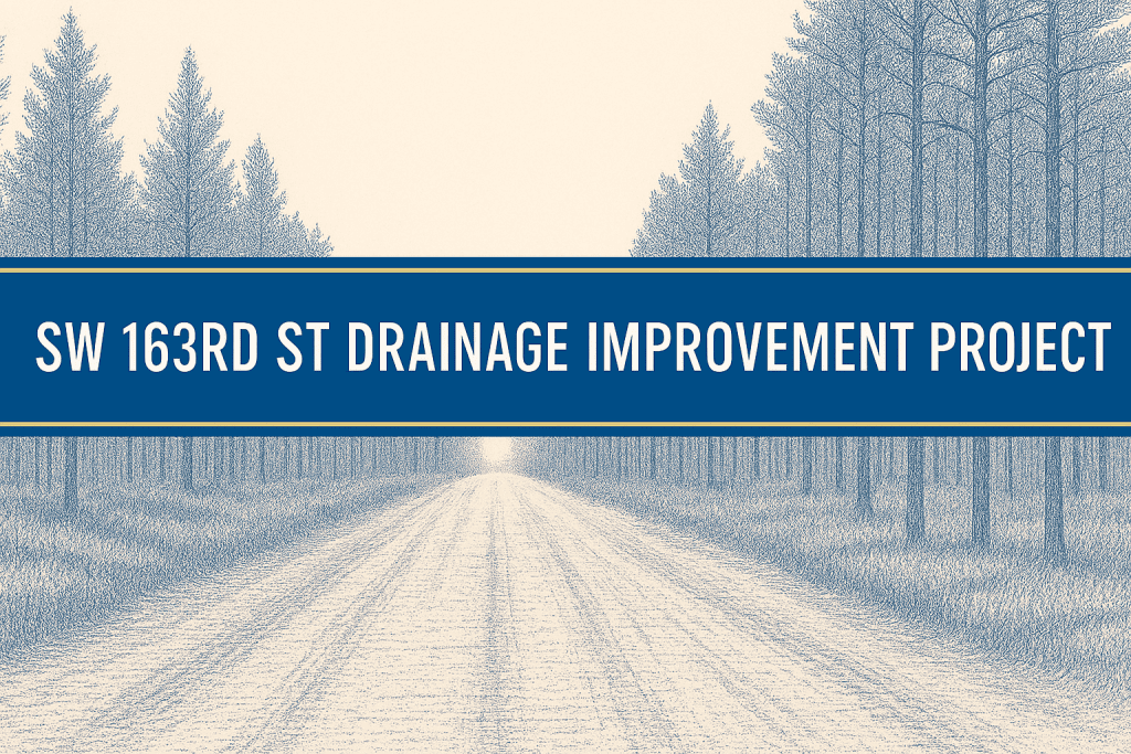 SW 163rd St Drainage Improvement Project banner header over a background of a sketch of a dirt road going through trees. 